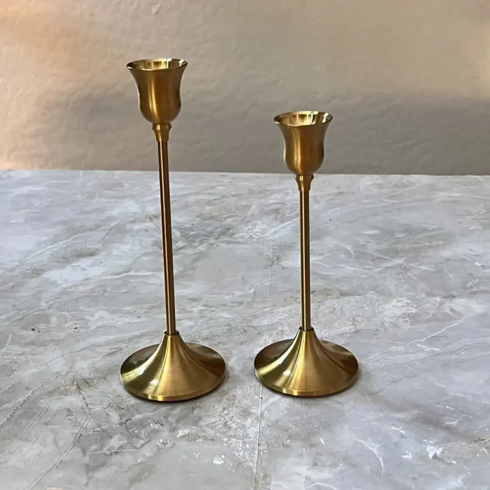 Set of 2 Gold Metal Taper Candle Holders 7.75" & 6.5" Tall - Picture 1 of 7